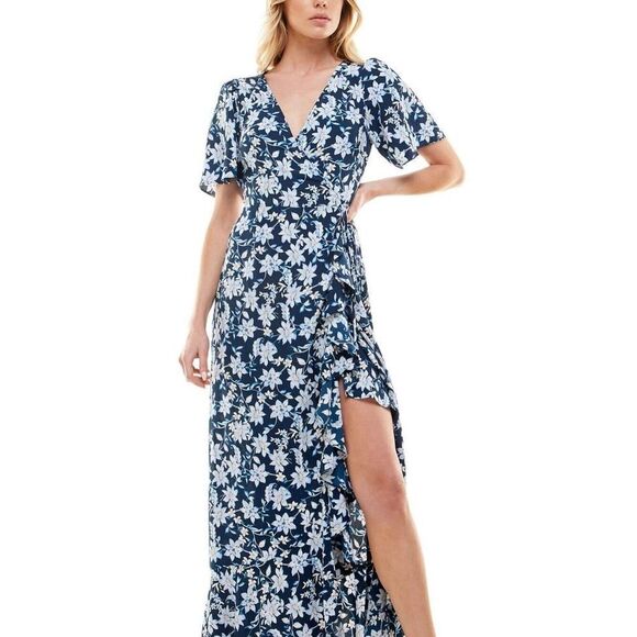 Socialite Short Sleeve Blue Floral Wrap Ruffle Maxi Dress NWT‎ - Picture 1 of 9